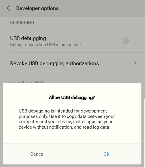 Enable USB Debugging and tap on ok