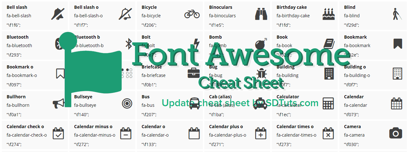 List of Font Awesome content cheat sheet updated