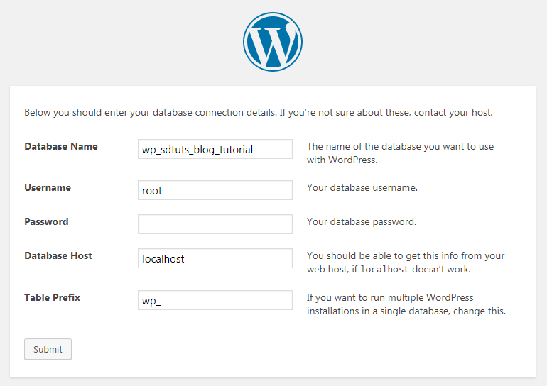 wordpress database configuration